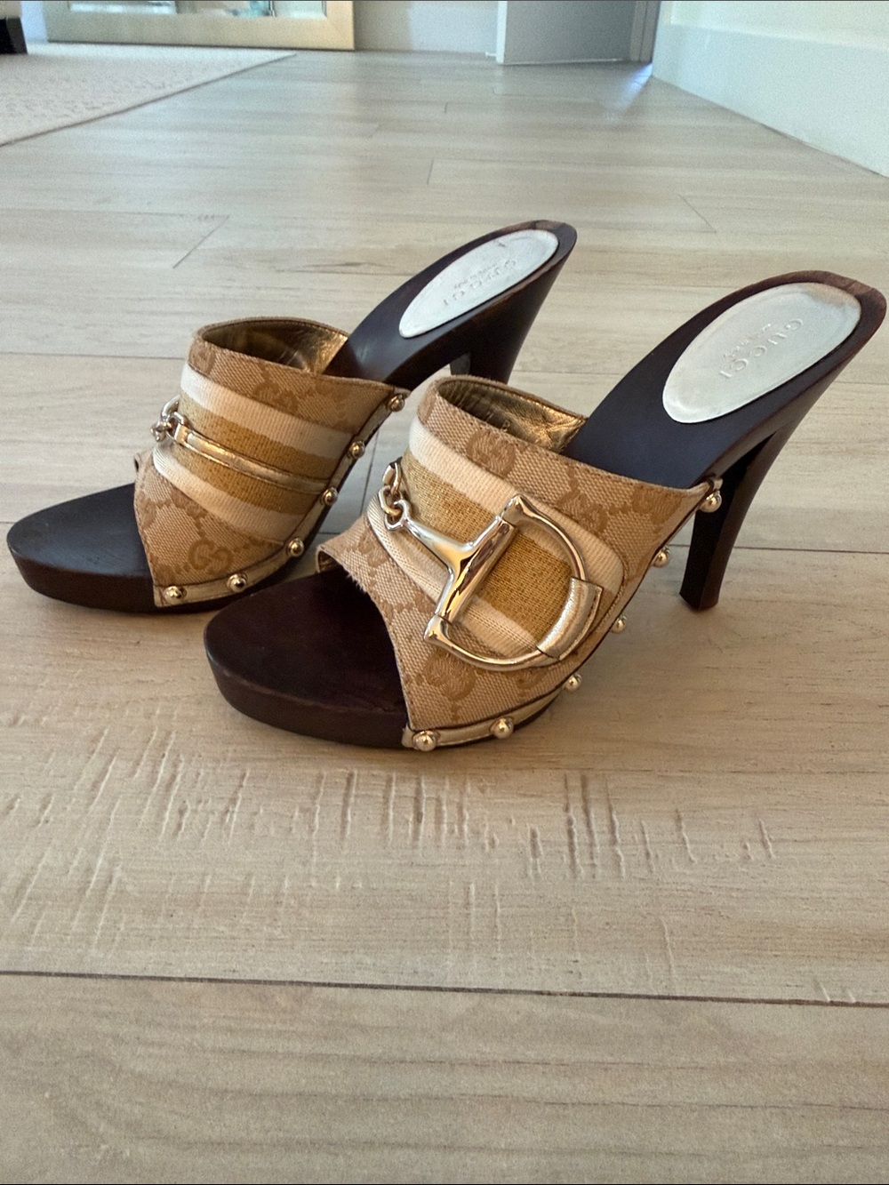 Gucci Beige Canvas Horsebit Slide Mules with Brown Wood Sole